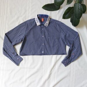 Blue striped button down with bow lace collar
